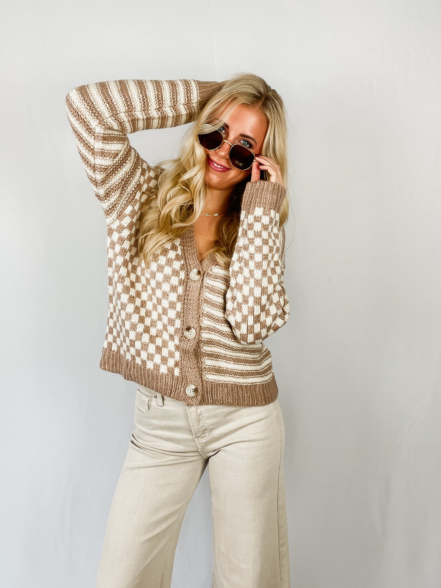 Taupe Checker & Stripe Knit Cardigan