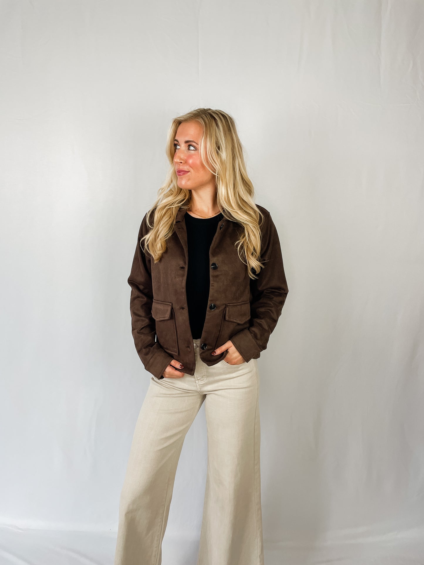 Button-Front Tailored Suede Jacket
