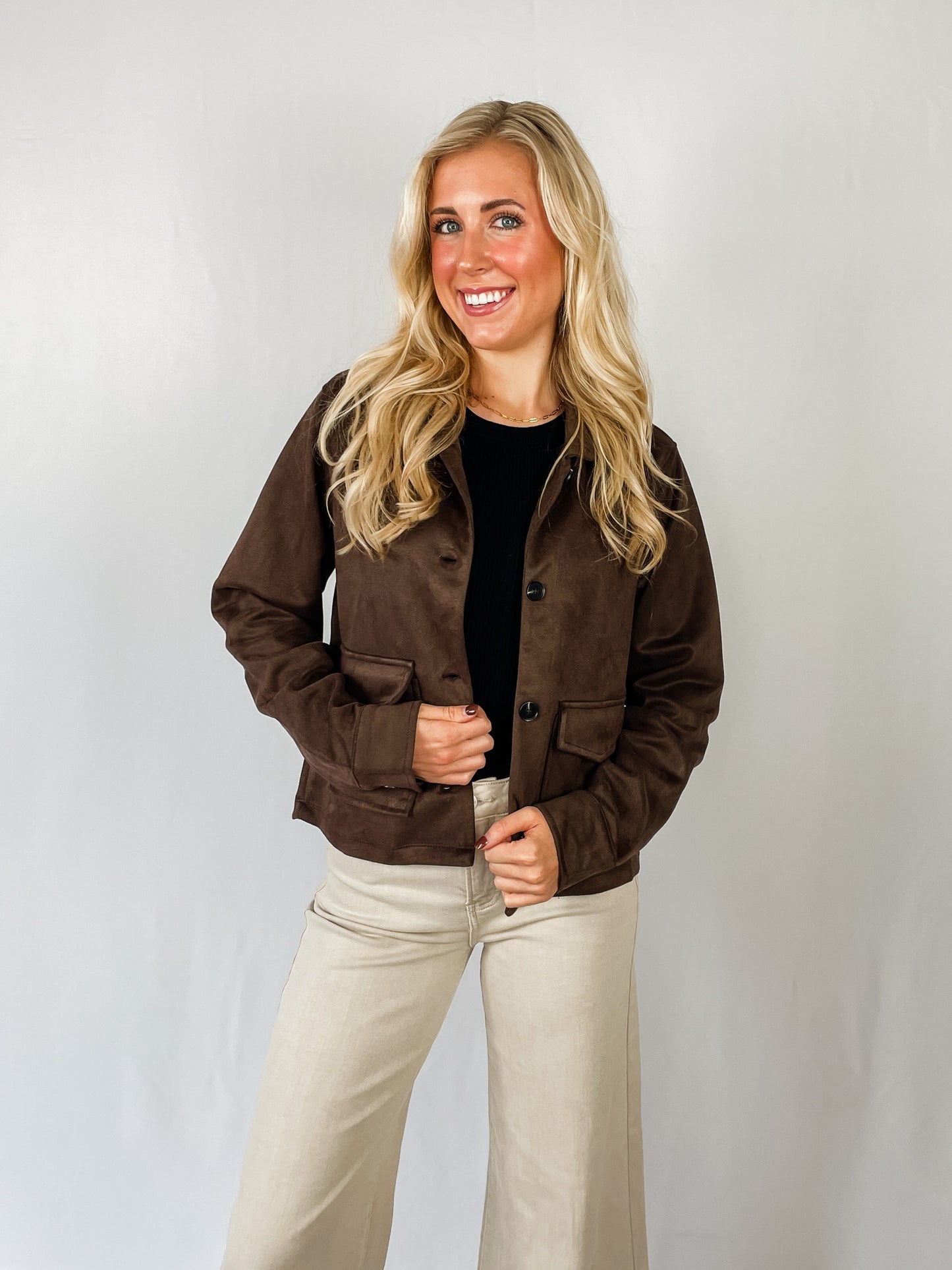 Button-Front Tailored Suede Jacket