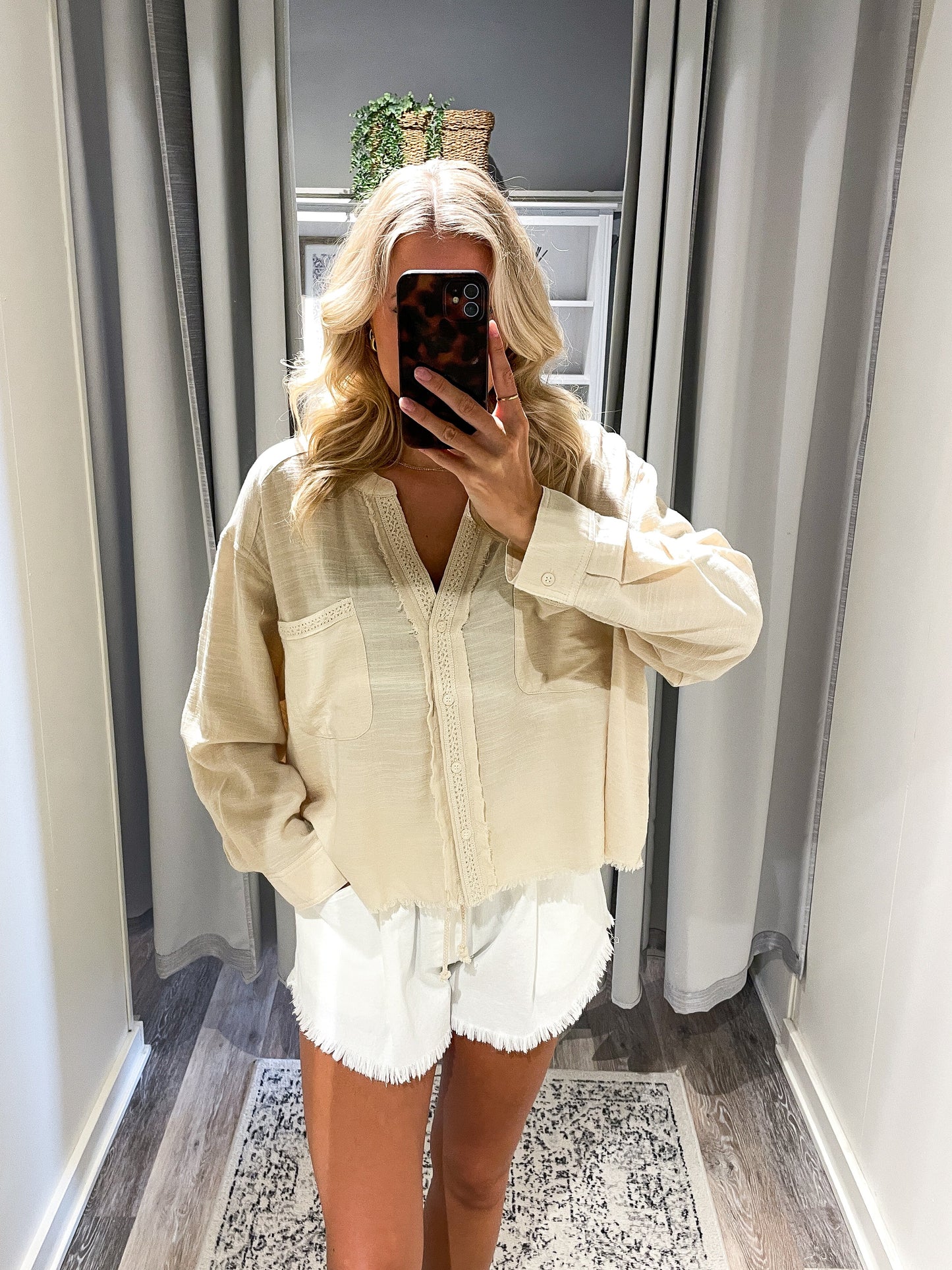 Oatmeal Lace Trim Button-Down