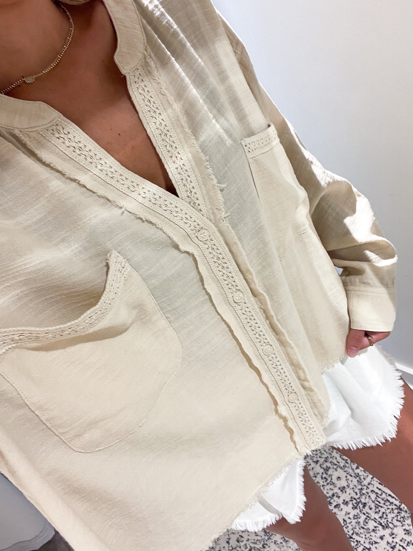 Oatmeal Lace Trim Button-Down