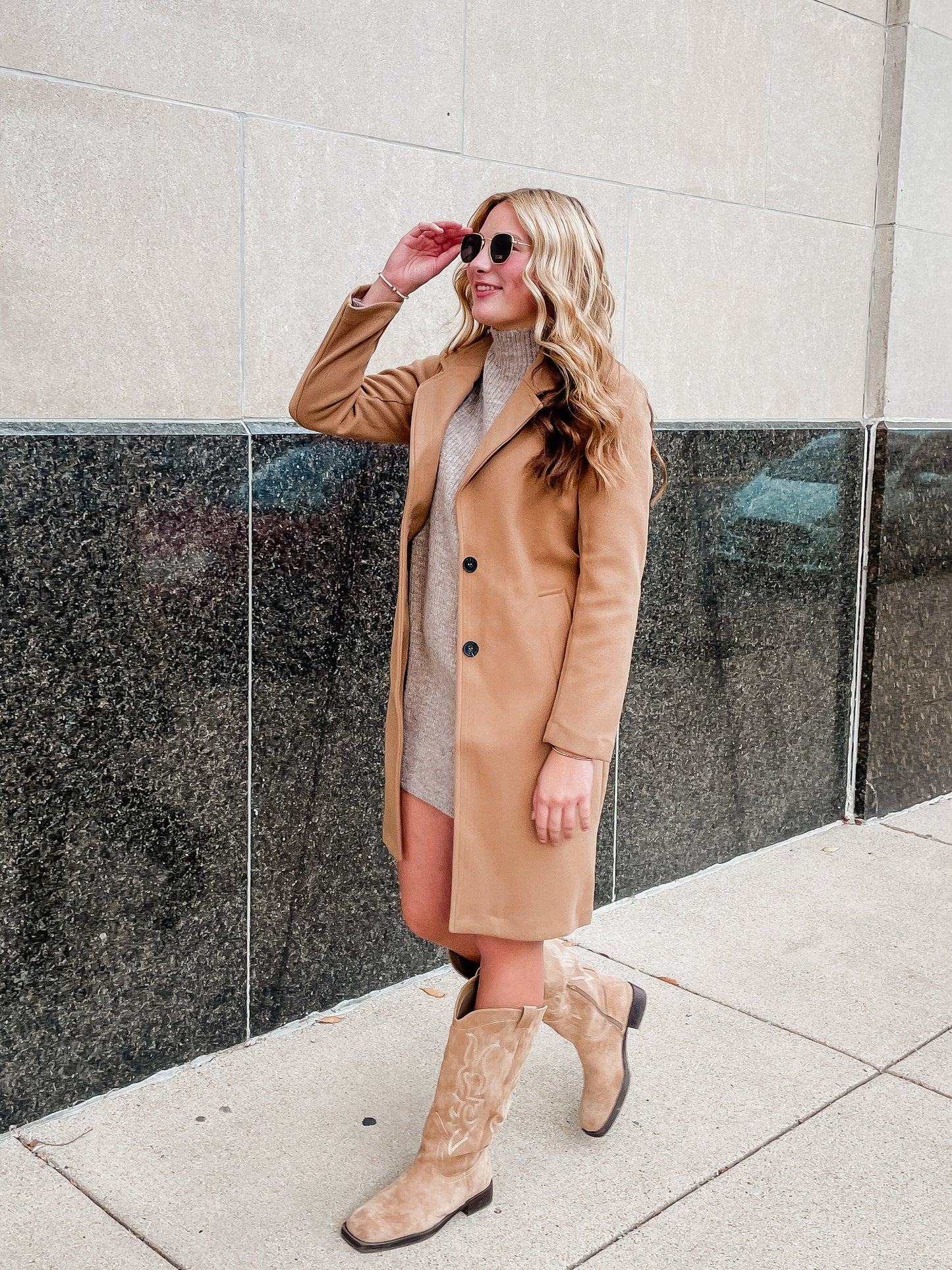 Camel Longline Notch Lapel Coat