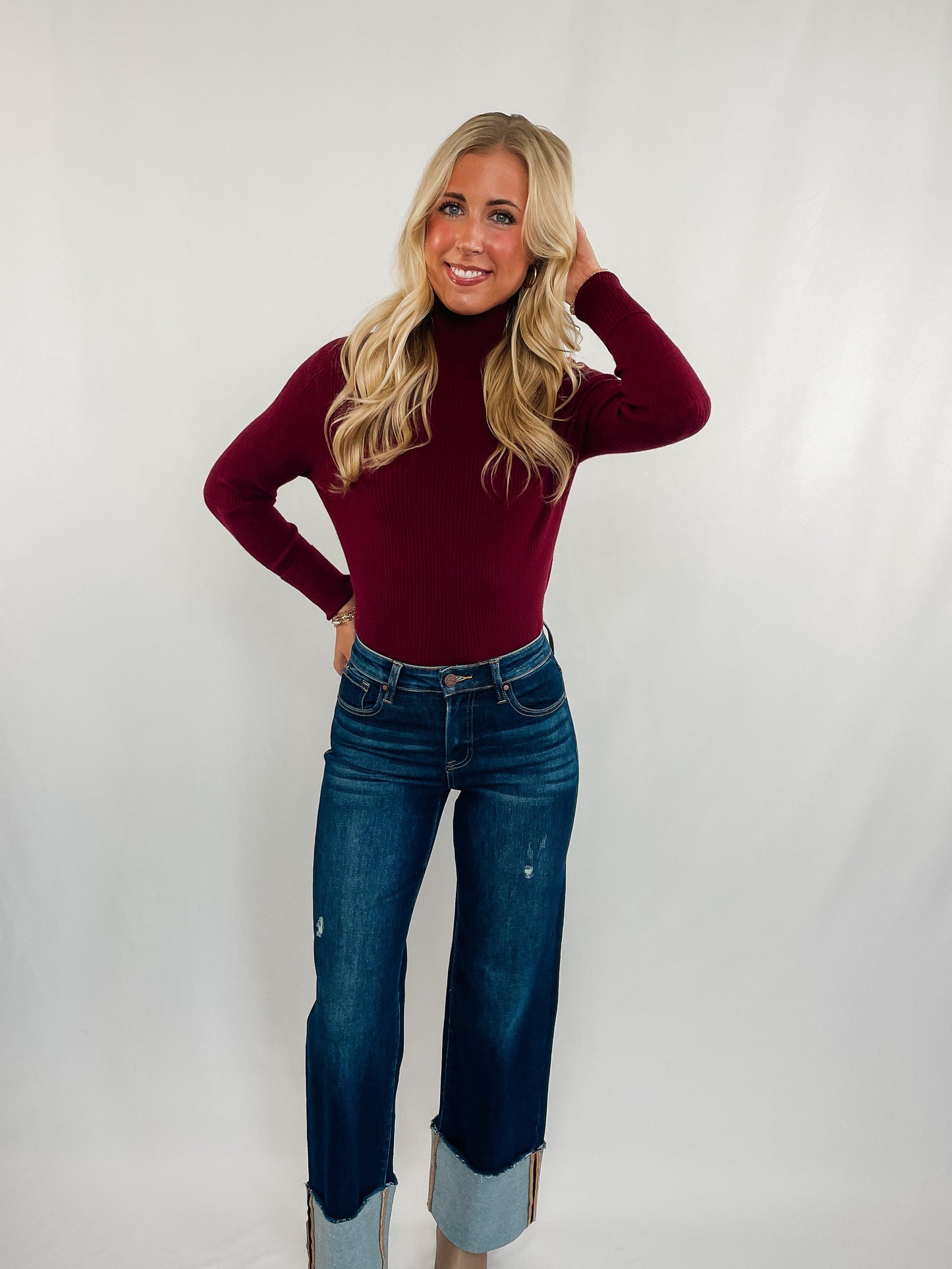 Red Mock Neck Ribbed Top