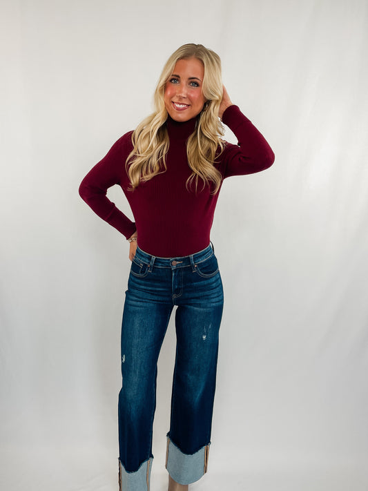 Red Mock Neck Ribbed Top