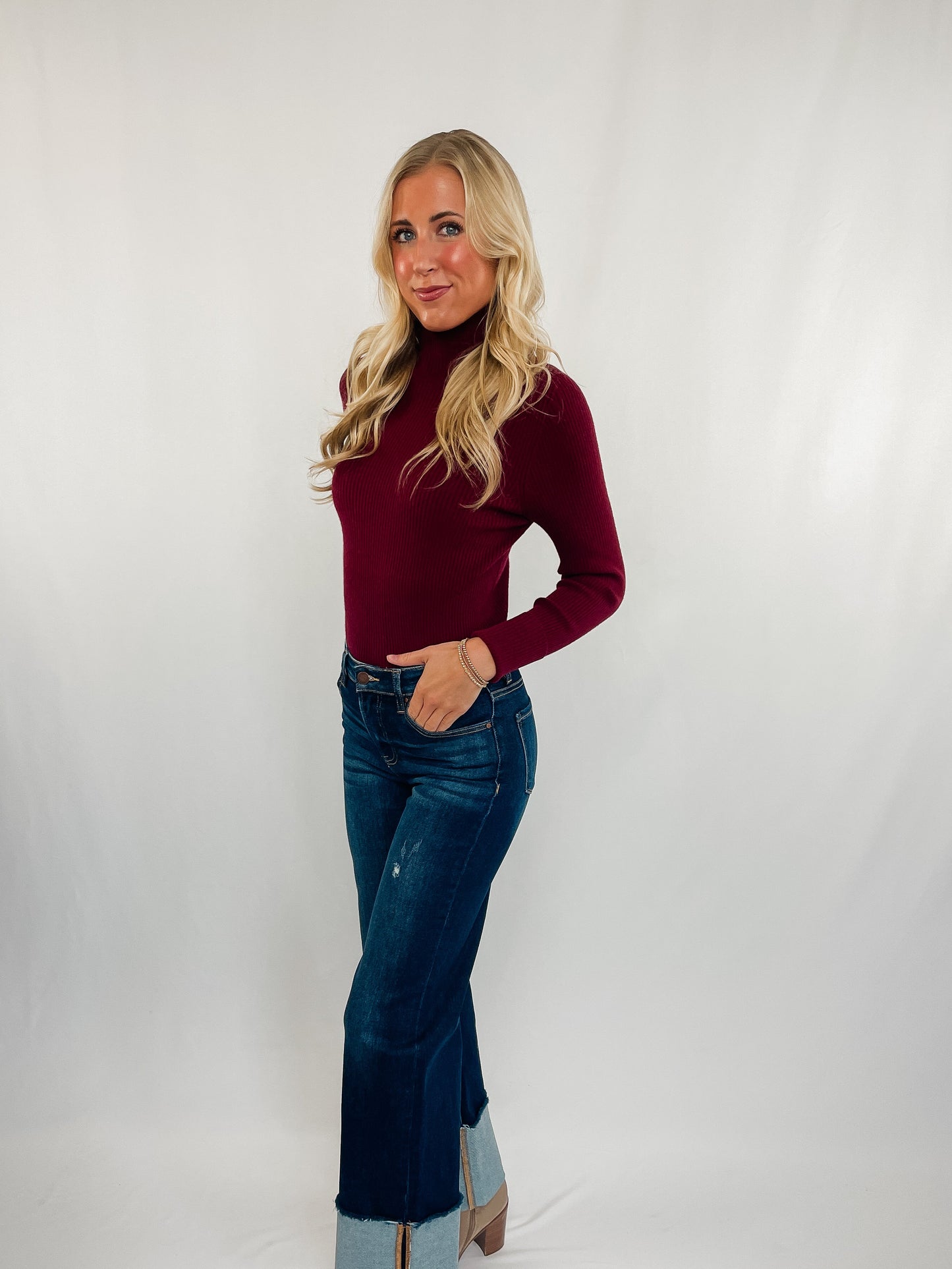 Red Mock Neck Ribbed Top