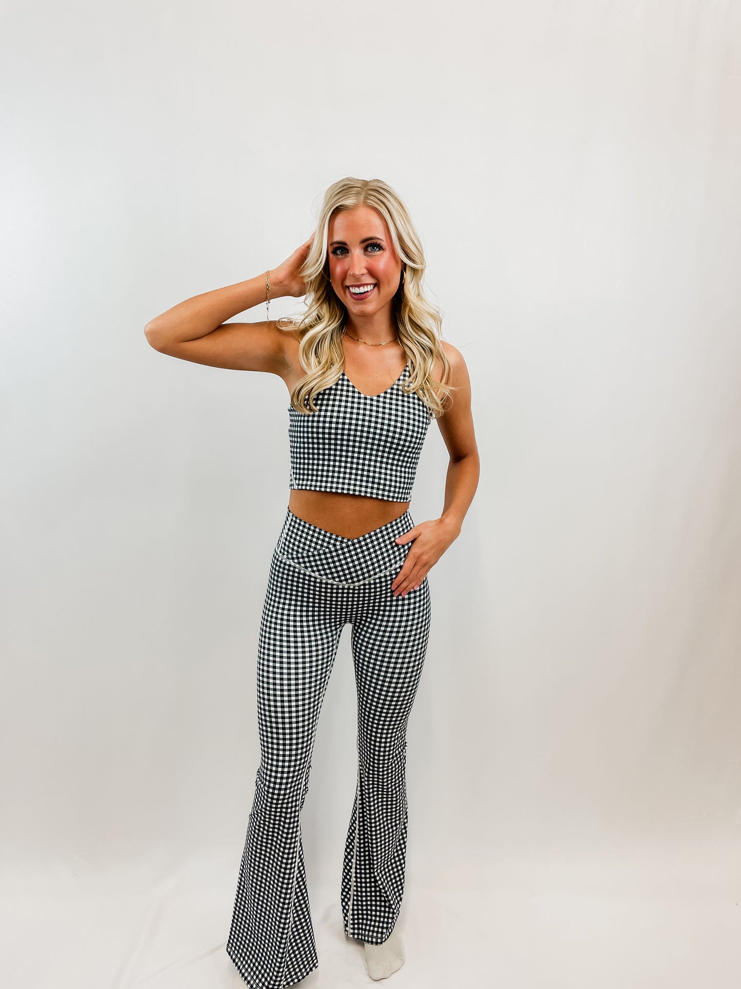 Black Gingham High Waist Crossover Flare Legging