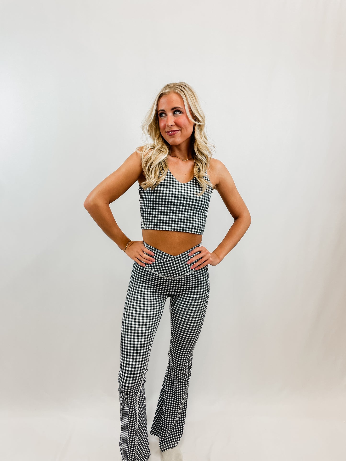Black Gingham High Waist Crossover Flare Legging