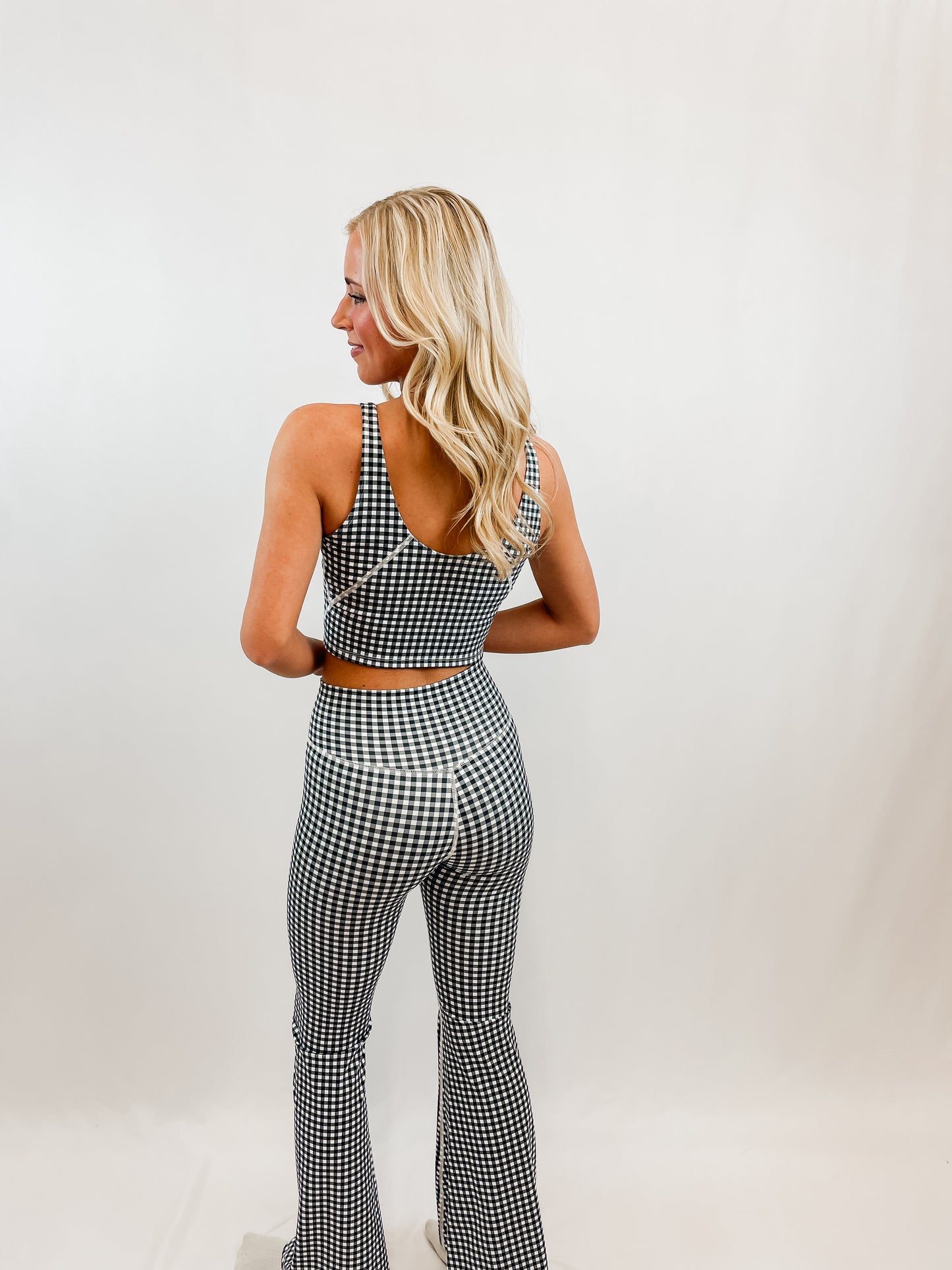Black Gingham High Waist Crossover Flare Legging
