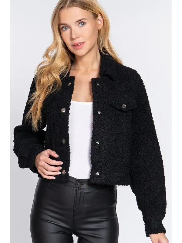 Long Sleeve Pocket Flap Button Down Faux Fur Jacket