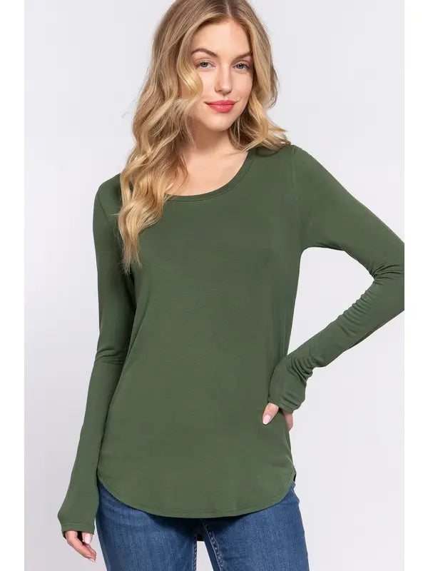 Dusk Green Long Sleeve Round Neck Rayon Spandex Jersey Top