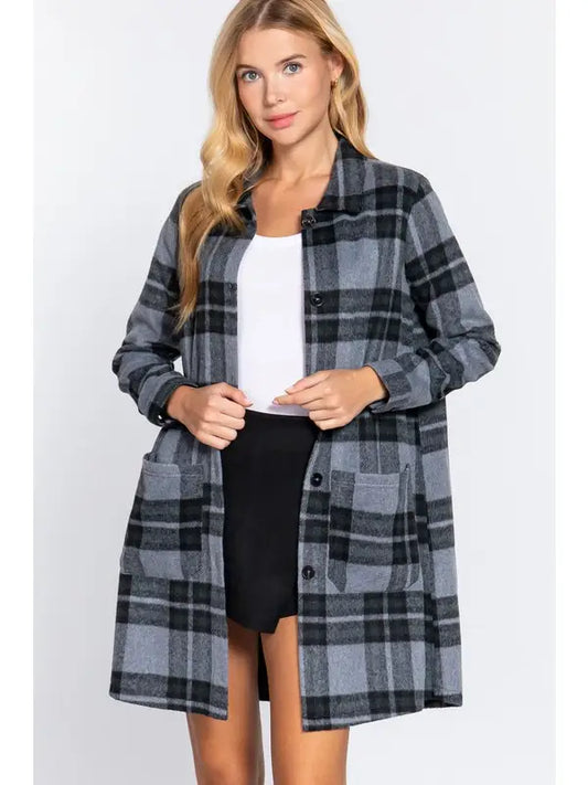 Blue Long Sleeve with Pocket Brushed Plaid Long Jacket