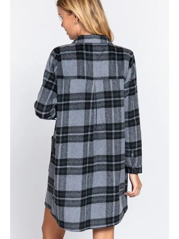 Blue Long Sleeve with Pocket Brushed Plaid Long Jacket