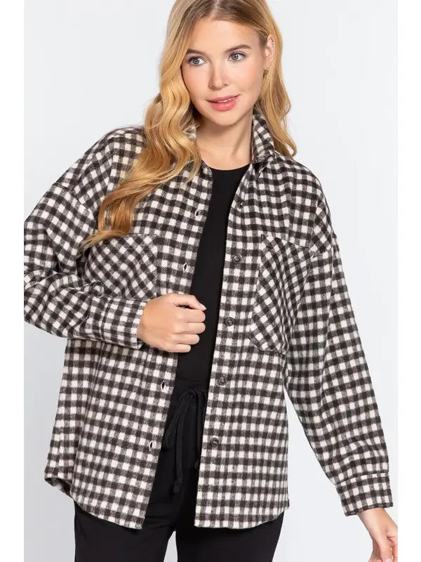 Cream/Black Long Sleeve Brushed Plaid Oversized Jacket