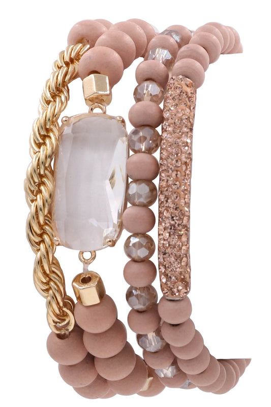 Wood Bead Glass Jewel Stretch Bracelet Set