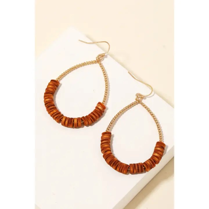 Wooden Disc Beaded Tear Drop Earrings