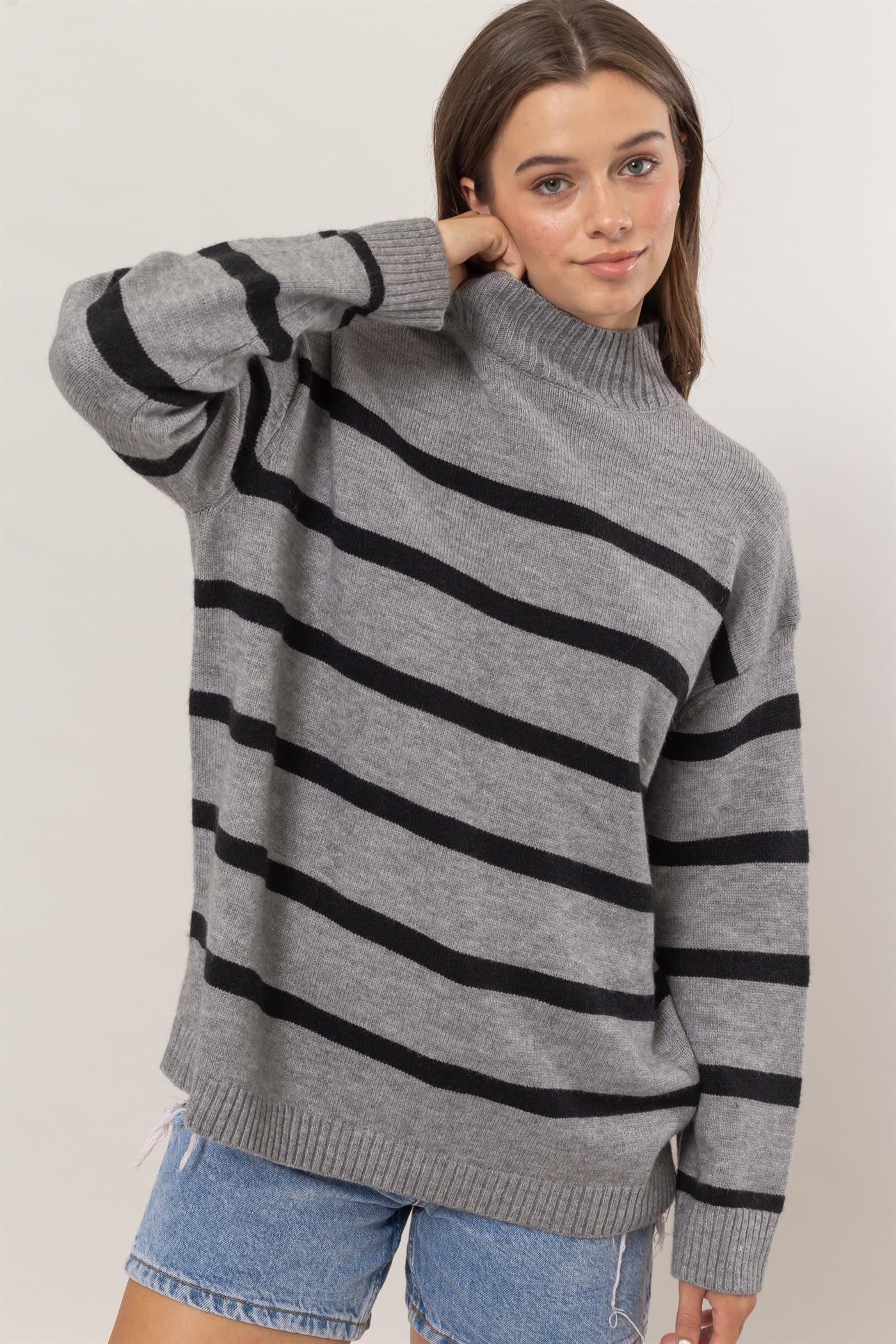 Grey Stripe Mock Neck