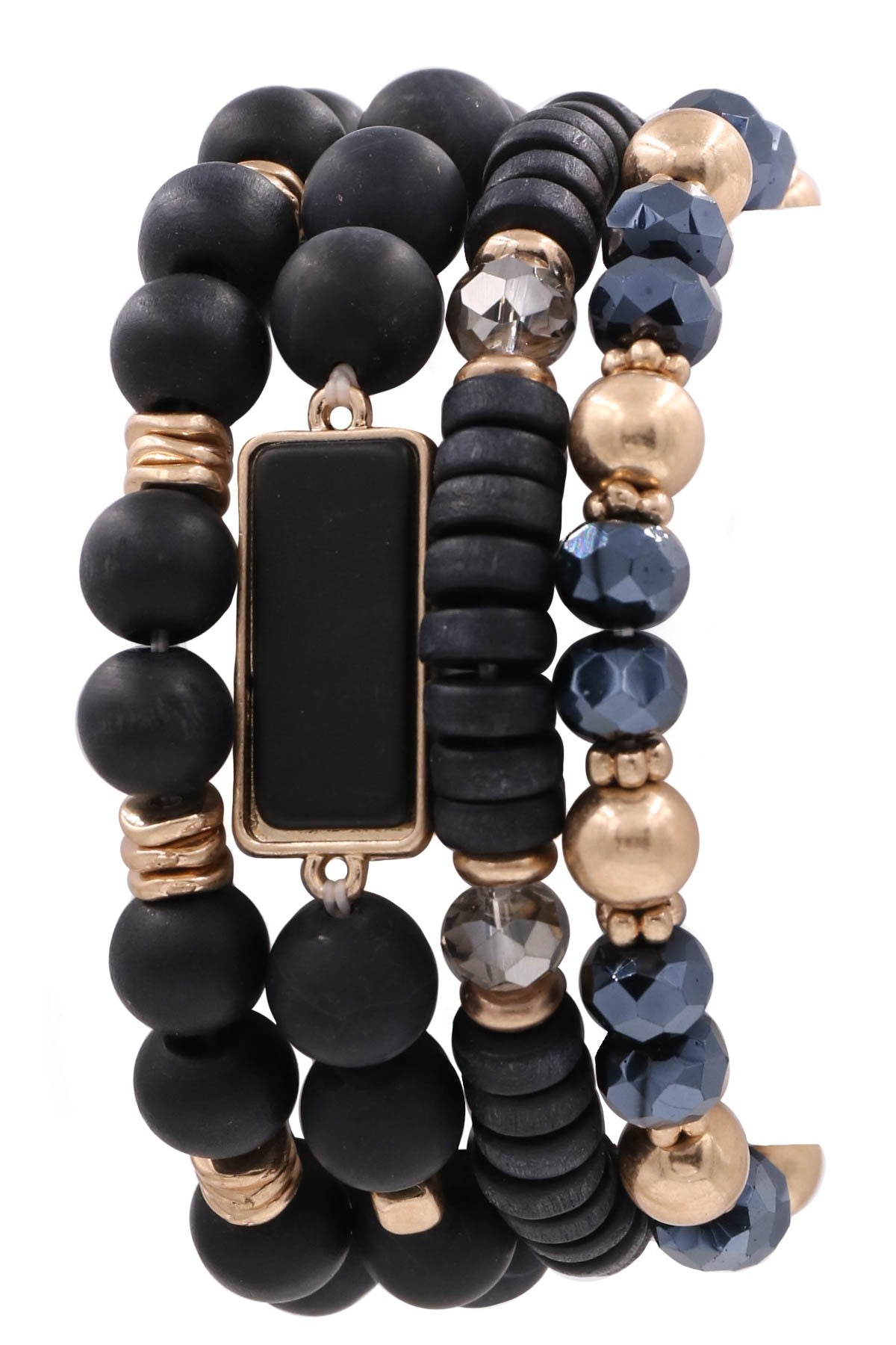 Black Semi Precious Stone wood Bead Stretch Bracelet Set