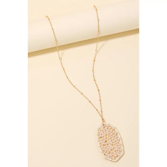 Oval Seed Beaded Net Pendant Long Necklace