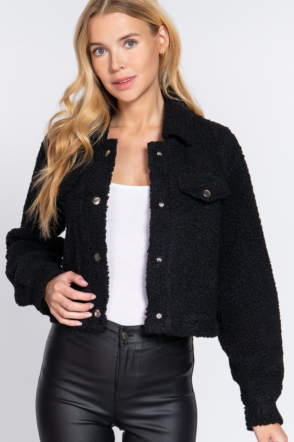 Long Sleeve Pocket Flap Button Down Faux Fur Jacket