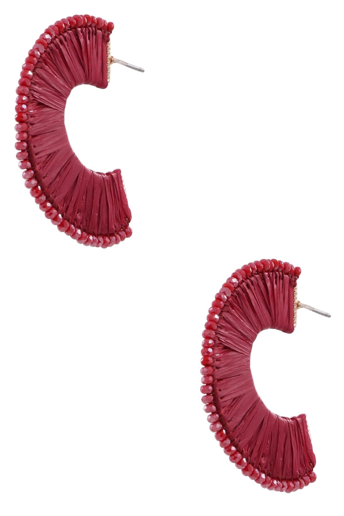 Burgundy Paper Raffia Open Hoop Earrings