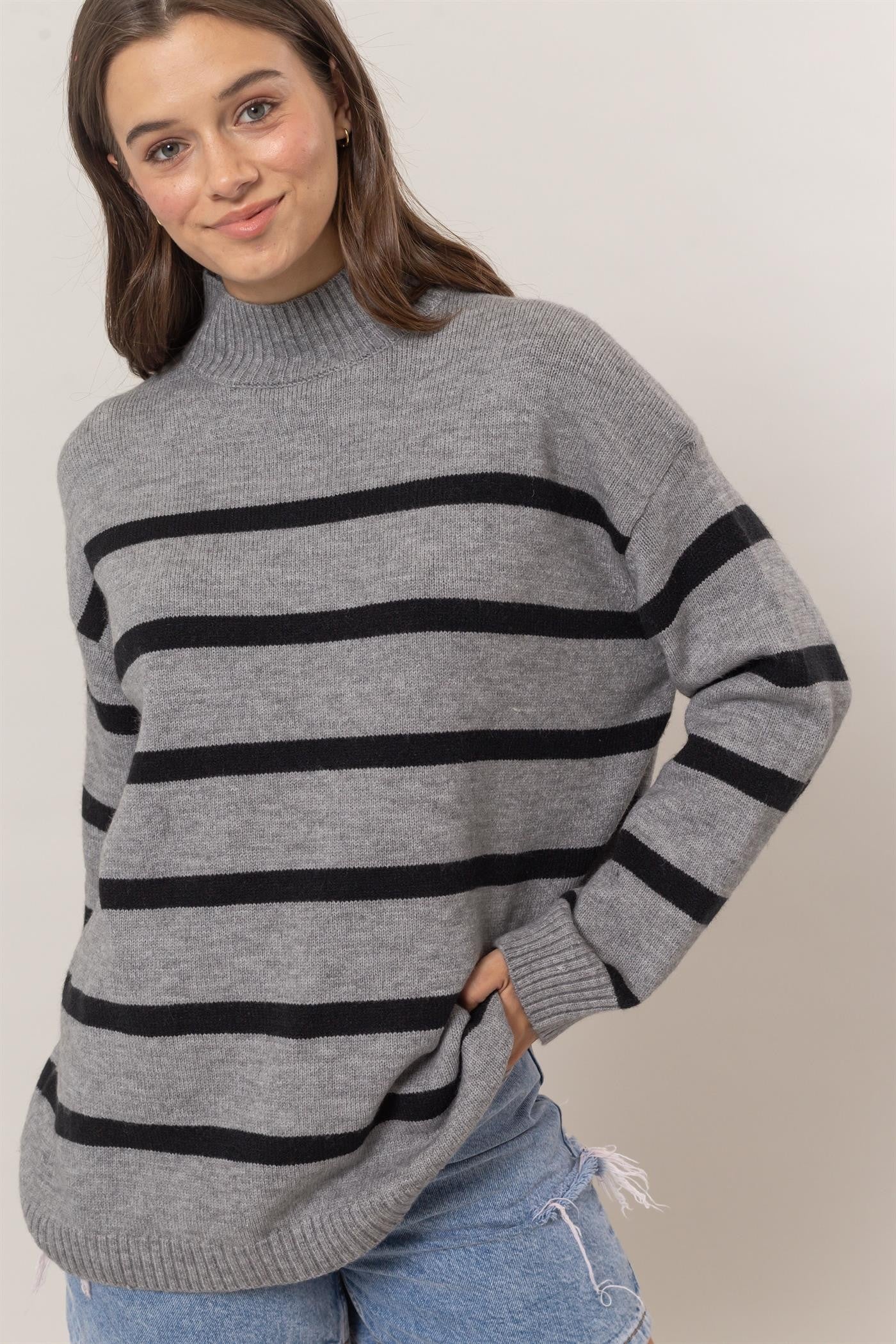 Grey Stripe Mock Neck