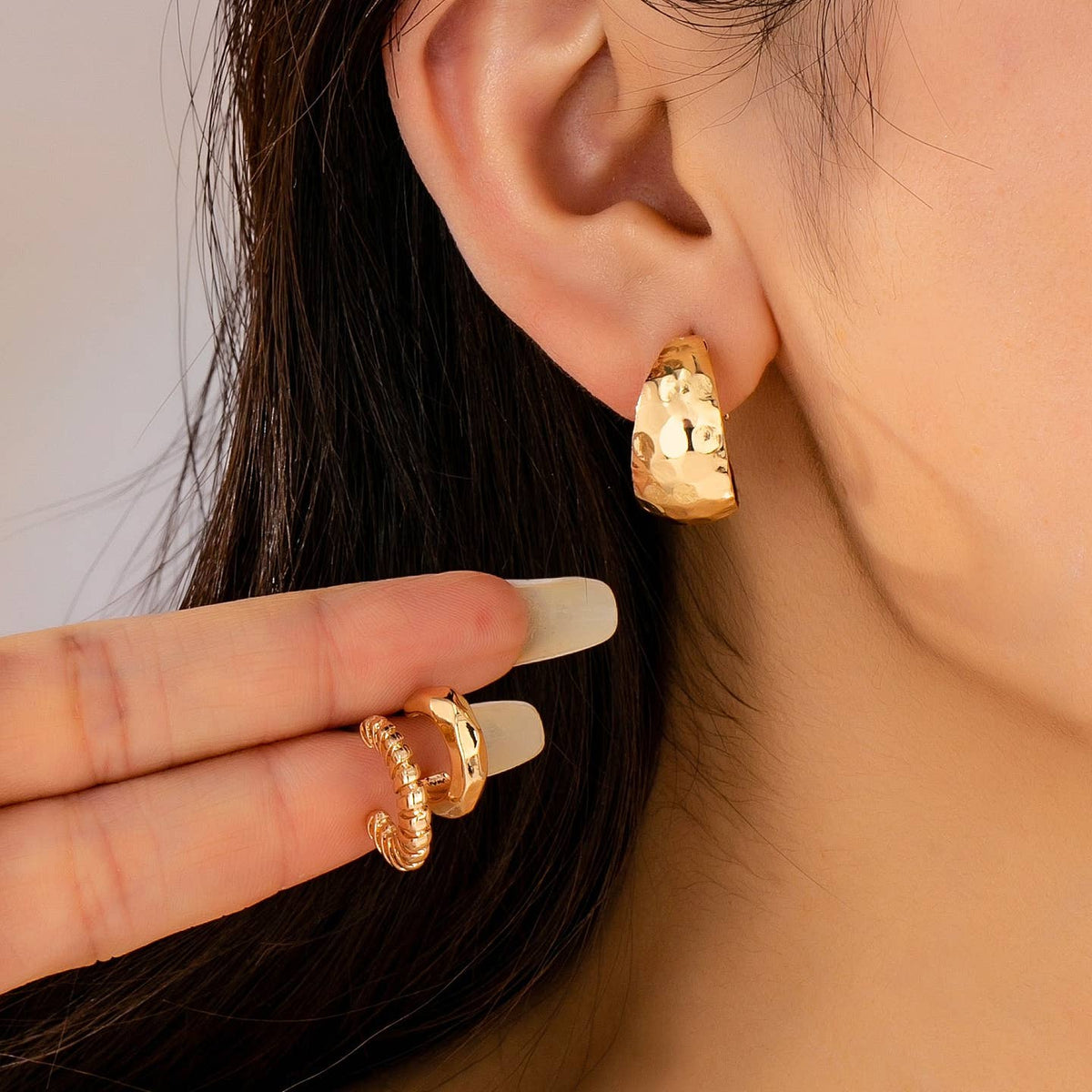 Mixed Texture Gold Crescent Hoop Trio