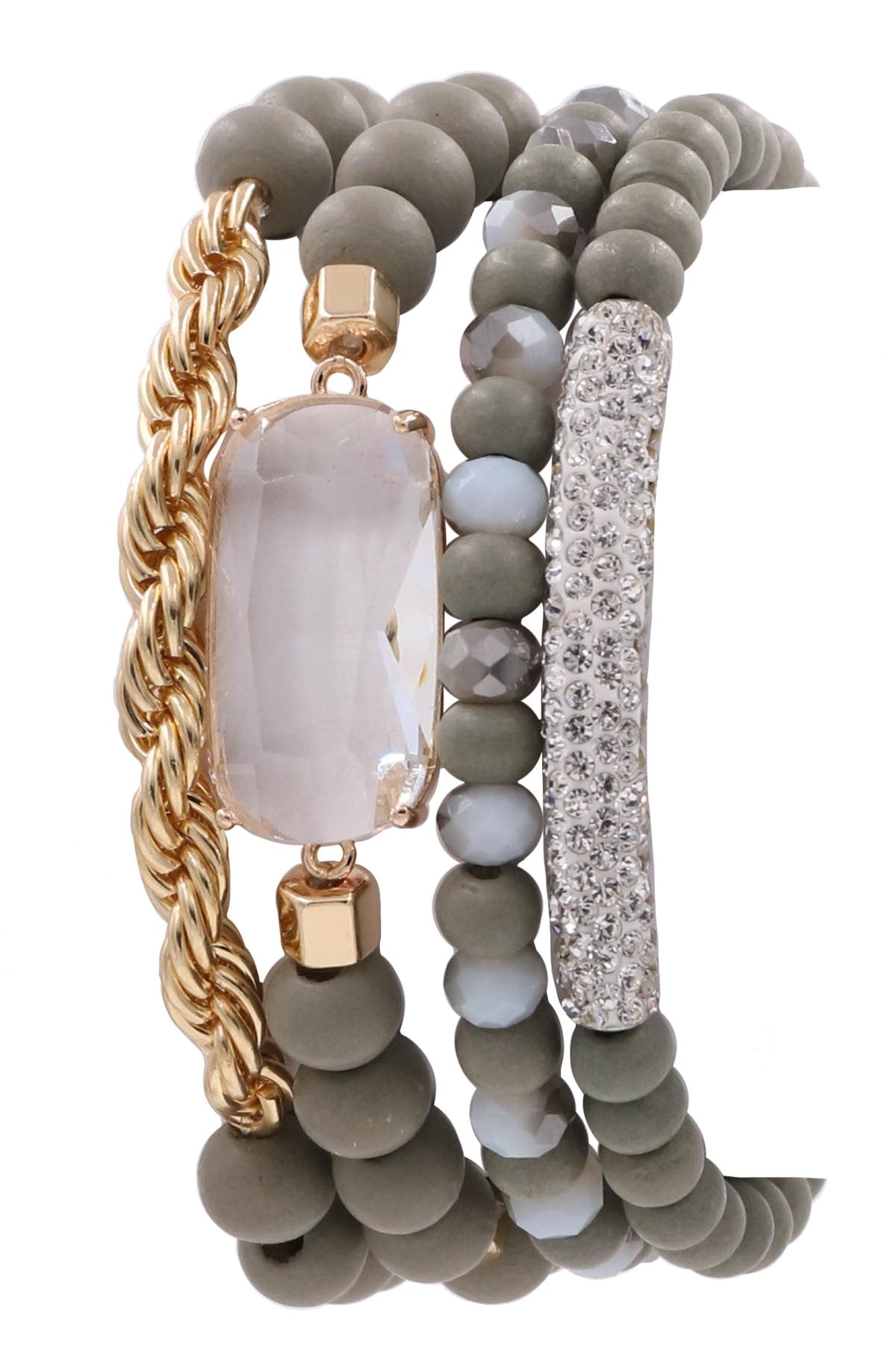 Gray Wood Bead Glass Jewel Stretch Bracelet Set