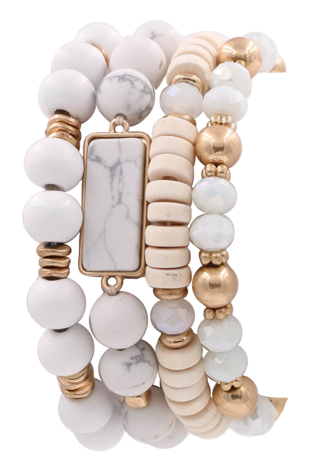 White Semi Precious Stone wood Bead Stretch Bracelet Set