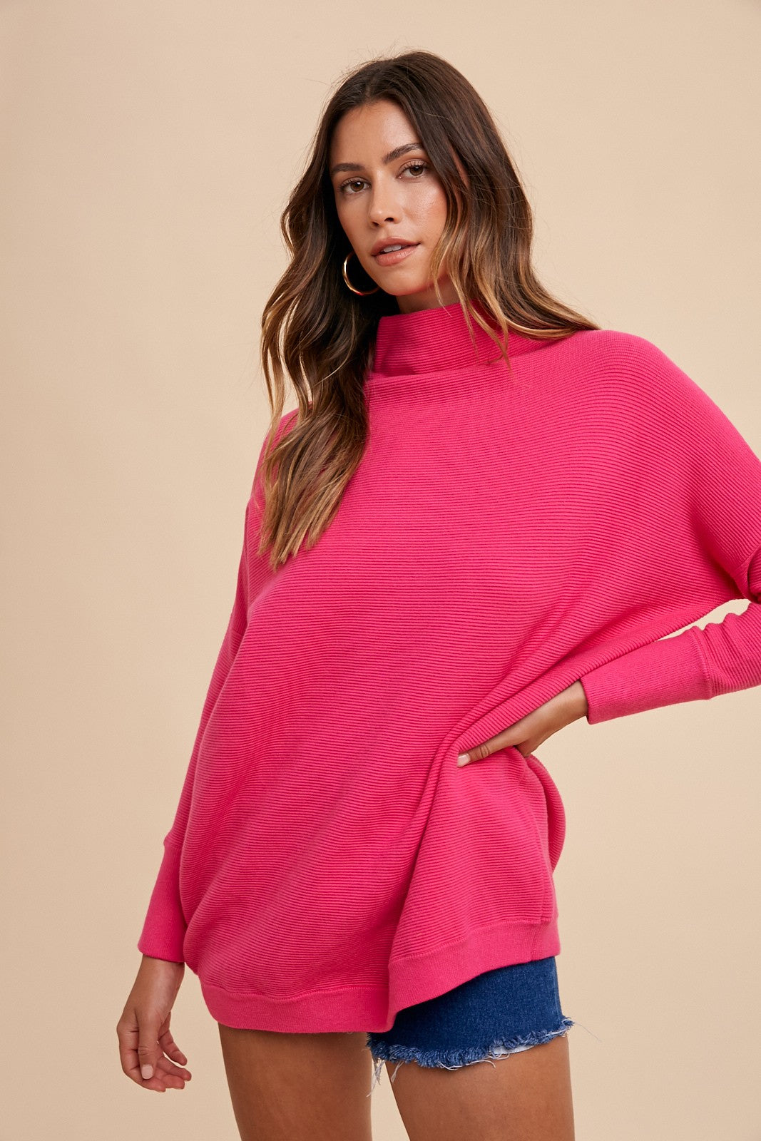 Hot Pink Oversized Fit Texture Sweater