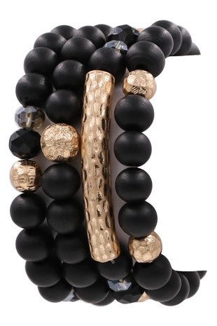 Wood Bead Metal Bar Stretch Bracelet Set