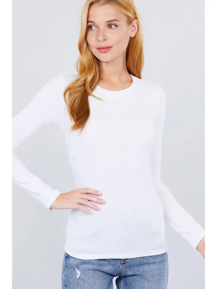 White Long Sleeve Crew Neck Cotton Spandex Jersey Top