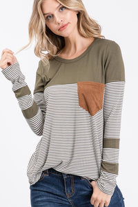 Olive Stripe Top with Suede Pocket - T843