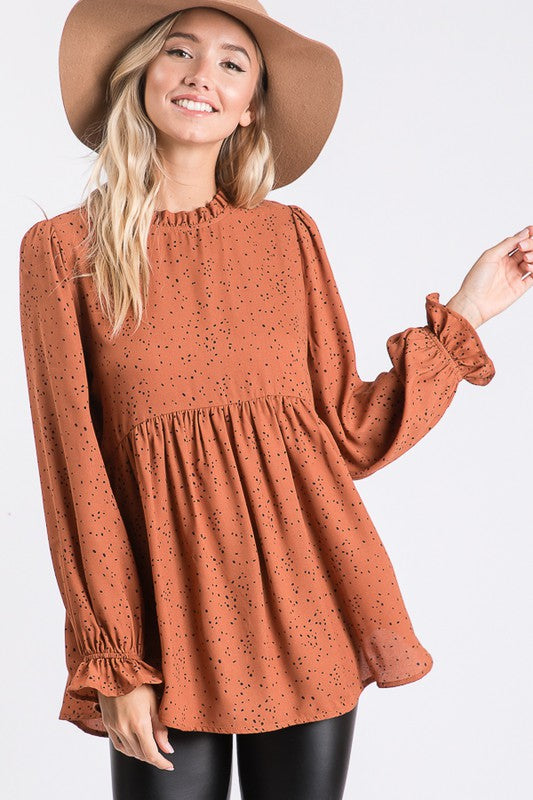 Camel Mock Neck Ruffle Top