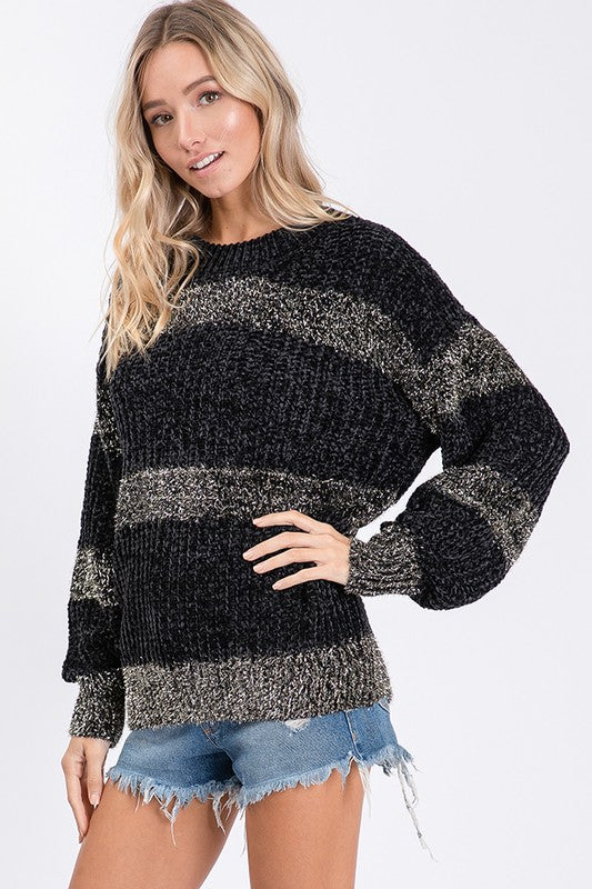 Black Stripe Chenille Sweater - T1062