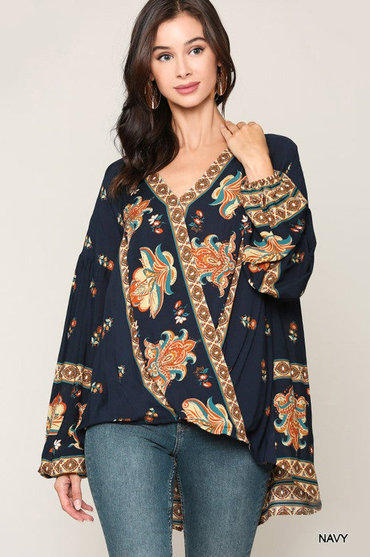 Navy Border Print Top
