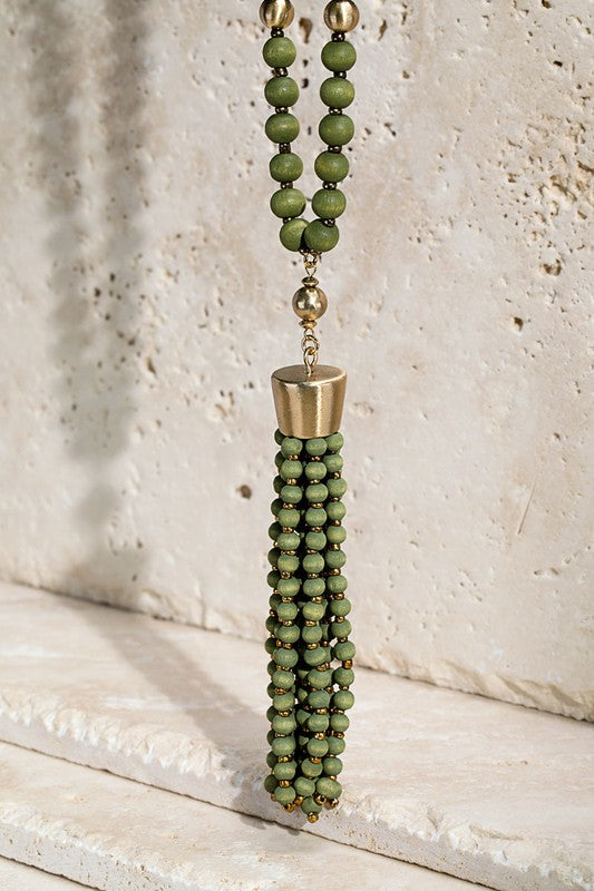 Beaded Tassel Necklace (Olive)