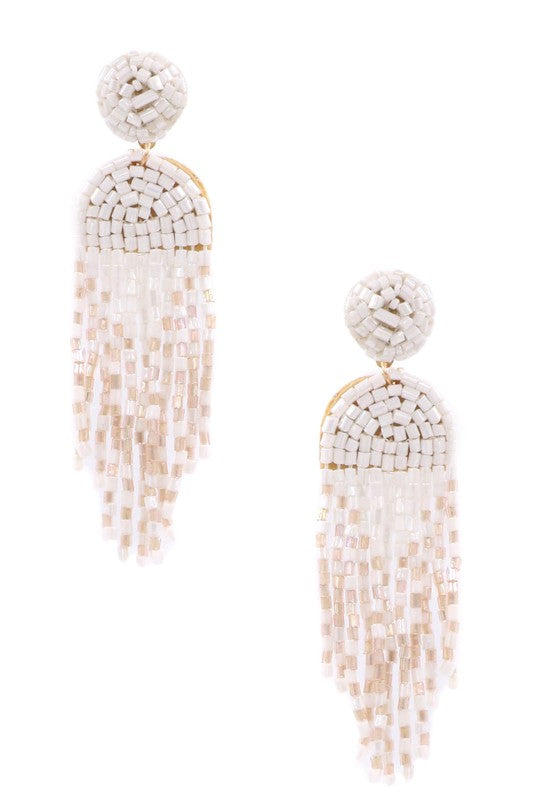 White Bead Tassel Earrings