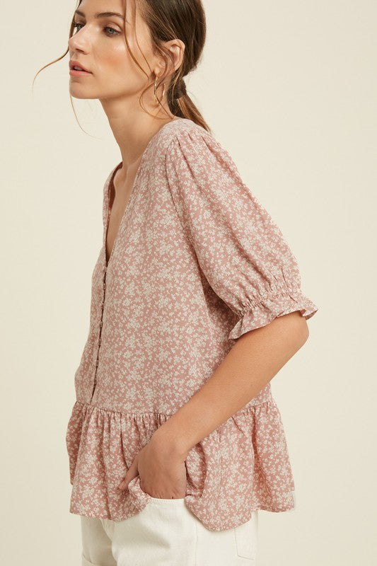 Floral Ruffle Hem Blouse (Mauve)