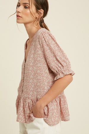 Floral Ruffle Hem Blouse (Mauve)
