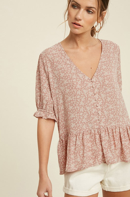 Floral Ruffle Hem Blouse (Mauve)