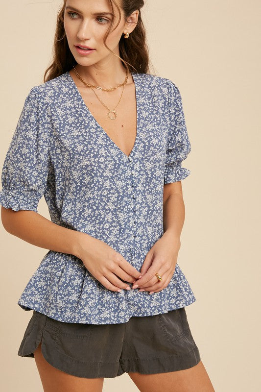 Floral Ruffle Hem Blouse (Misty Blue)