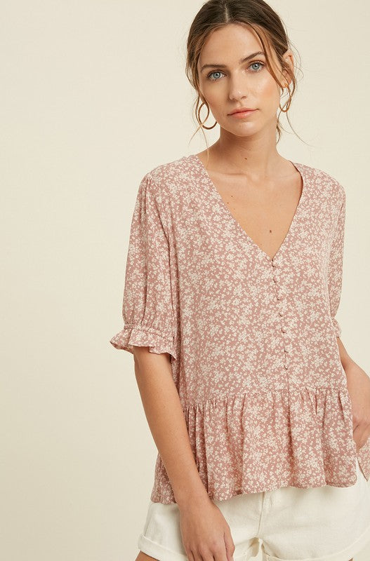 Floral Ruffle Hem Blouse (Mauve)