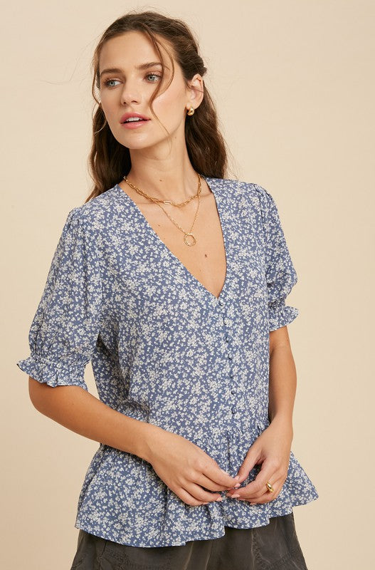 Floral Ruffle Hem Blouse (Misty Blue)