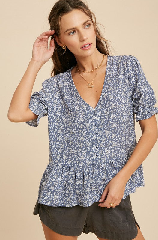 Floral Ruffle Hem Blouse (Misty Blue)