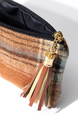 Plaid Wristlet Pouch Bag (Brown)