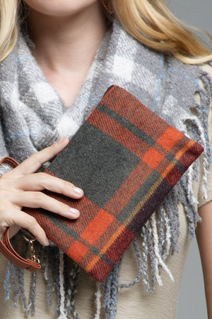 Plaid Wristlet Pouch Bag (Rust)