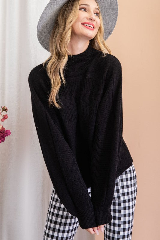 Cable Knit Mock Neck Sweater (Black)
