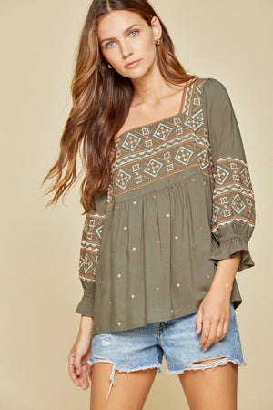 Olive Embroidered Blouse