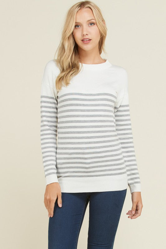 Stripe Elbow Patch Sweater (Grey)