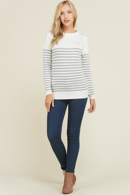 Stripe Elbow Patch Sweater (Grey)